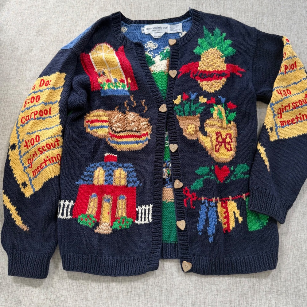 Vintage 90s Hand Knit Novelty Cardigan Sweater Cotton Grandma Heart Wood Buttons